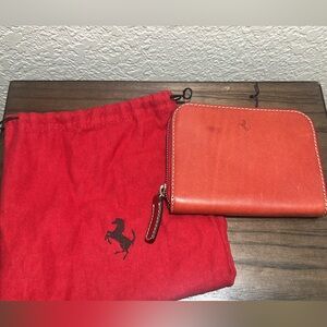Ferrari Red Leather Zip-Around Wallet with Prancing Horse Logo & Dust Bag